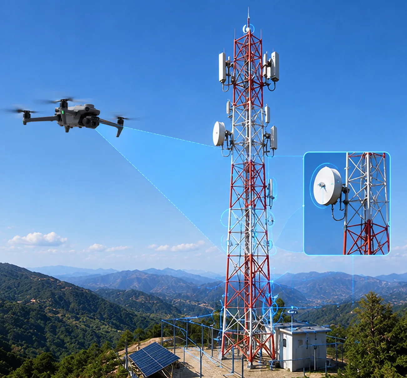 Dron en inspección de torres de telecomunicaciones
